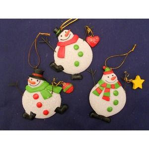 3 SNOWMEN CHRISTMAS ORNAMENTS GLITTER AND SMILES